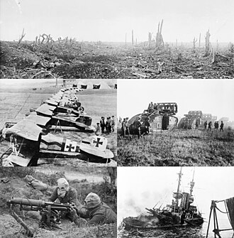 Жоғарыдан сағат тілімен: 1916 ж. Британдық Mark V танктері Гинденбург сызығын кесіп өтті, 1918 ж., Дарданеллге мина тигеннен кейін су тасқыны, 1915 ж., Сомме шайқасы кезінде газ маскаларындағы Британдық Виккерс пулеметі, 1916 ж., неміс биплан жауынгерлері Albatros D. III Дуэ маңында, Франция, 1917 ж